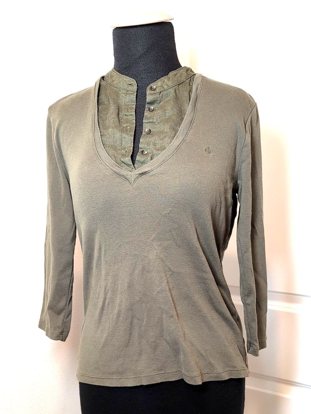 Lauren Ralph Lauren Olive Green Layered Henley V-Neck Long Sleeve Top